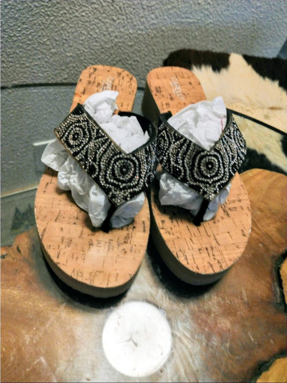 Embellished Black Wedge Sandals with Cork Platform